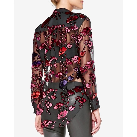 Alice + Olivia Floral Velvet Flocked Sheer Chiffon Shirt Blouse Small - Picture 4 of 11